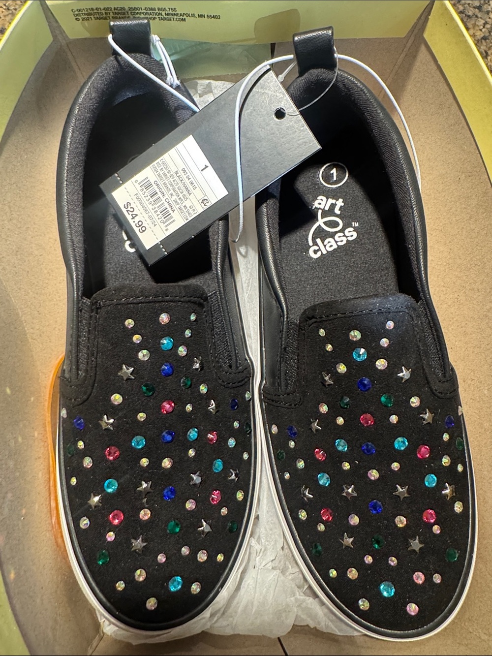 New Target Art Class Black Slip-On Sneakers with Multicolor Gemstones size 1